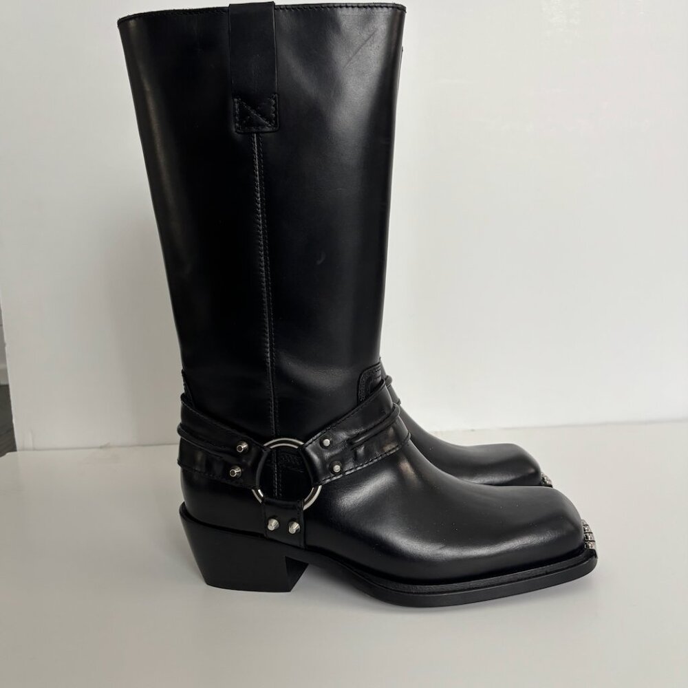 Sandro black cowboy leather boots with leather harness 39 women's New